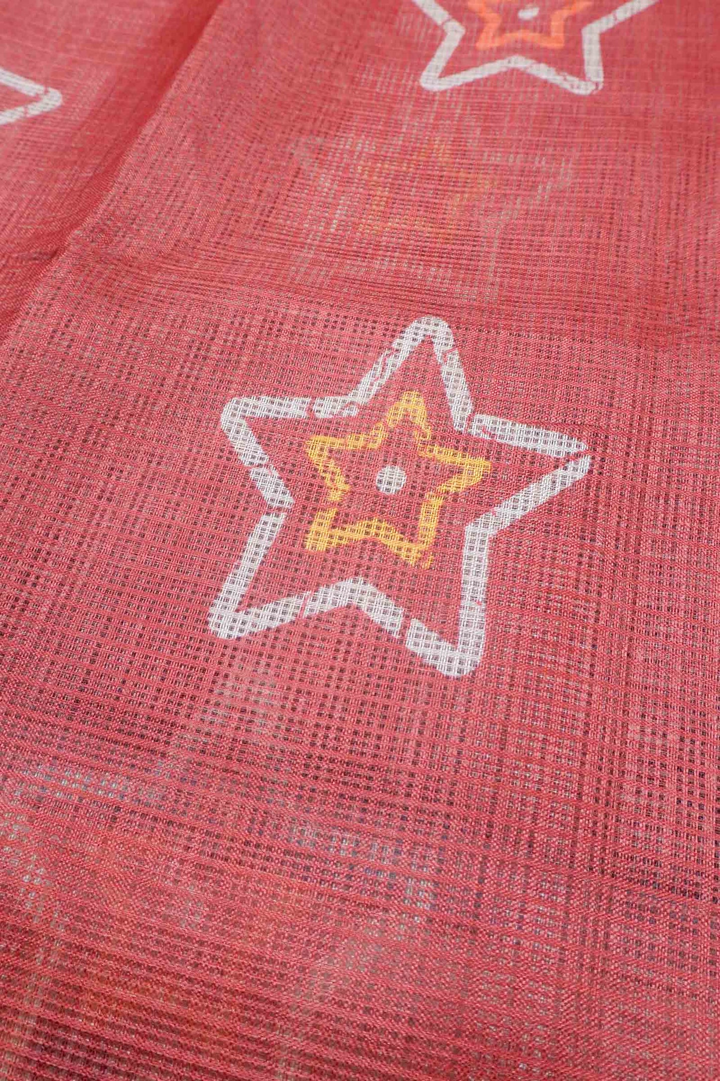 Mild Red Printed Cotton Star Prints Self Checks Saree