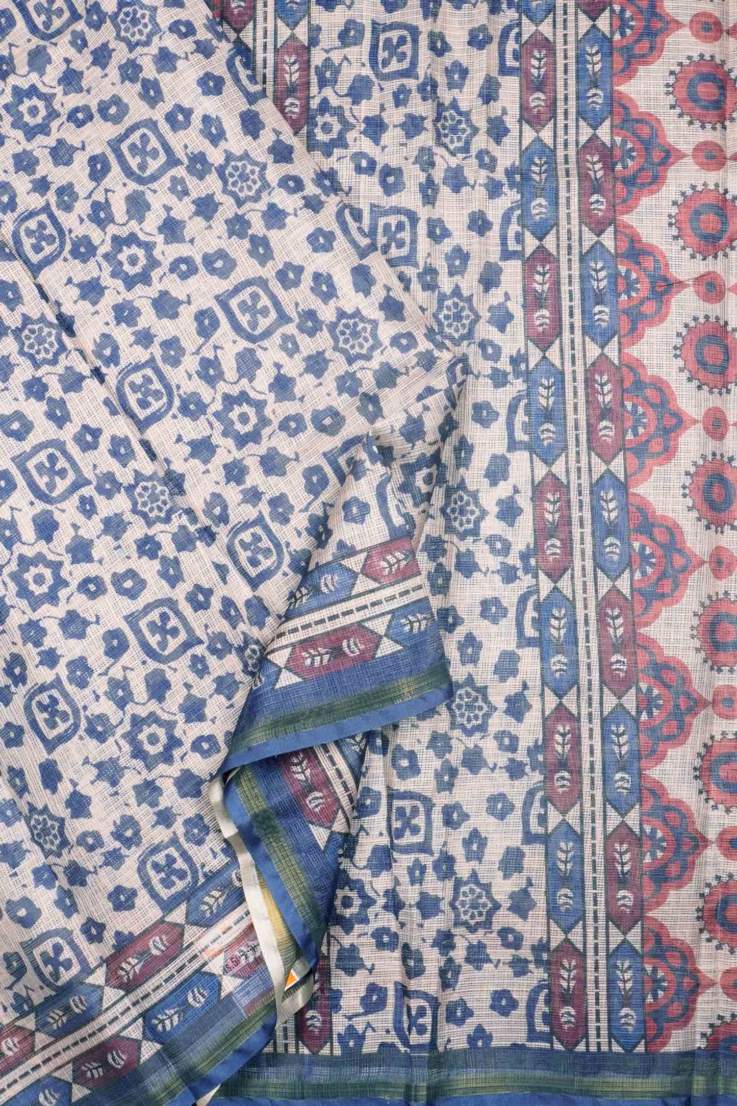 Off White Printed Cotton Floral Butta Self Checks Zari Border Saree