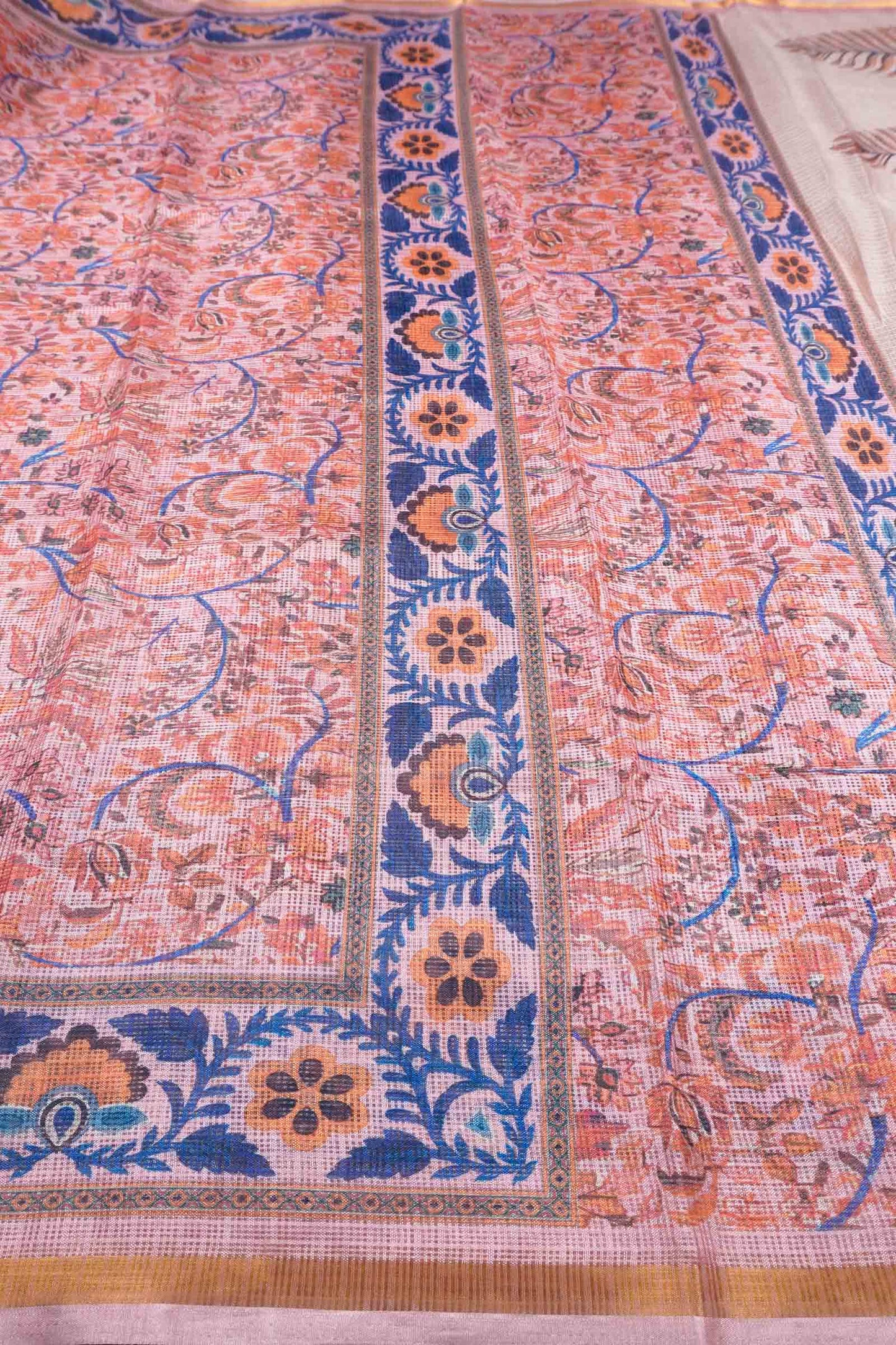 Pastel Peach Block Print Inspired Cotton Self Checks Zari Border Saree