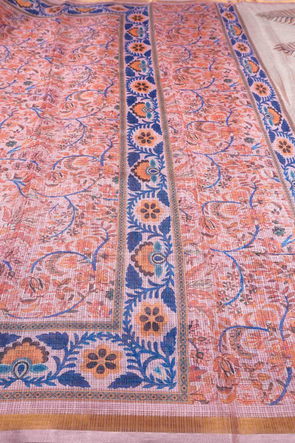 Pastel Peach Block Print Inspired Cotton Self Checks Zari Border Saree