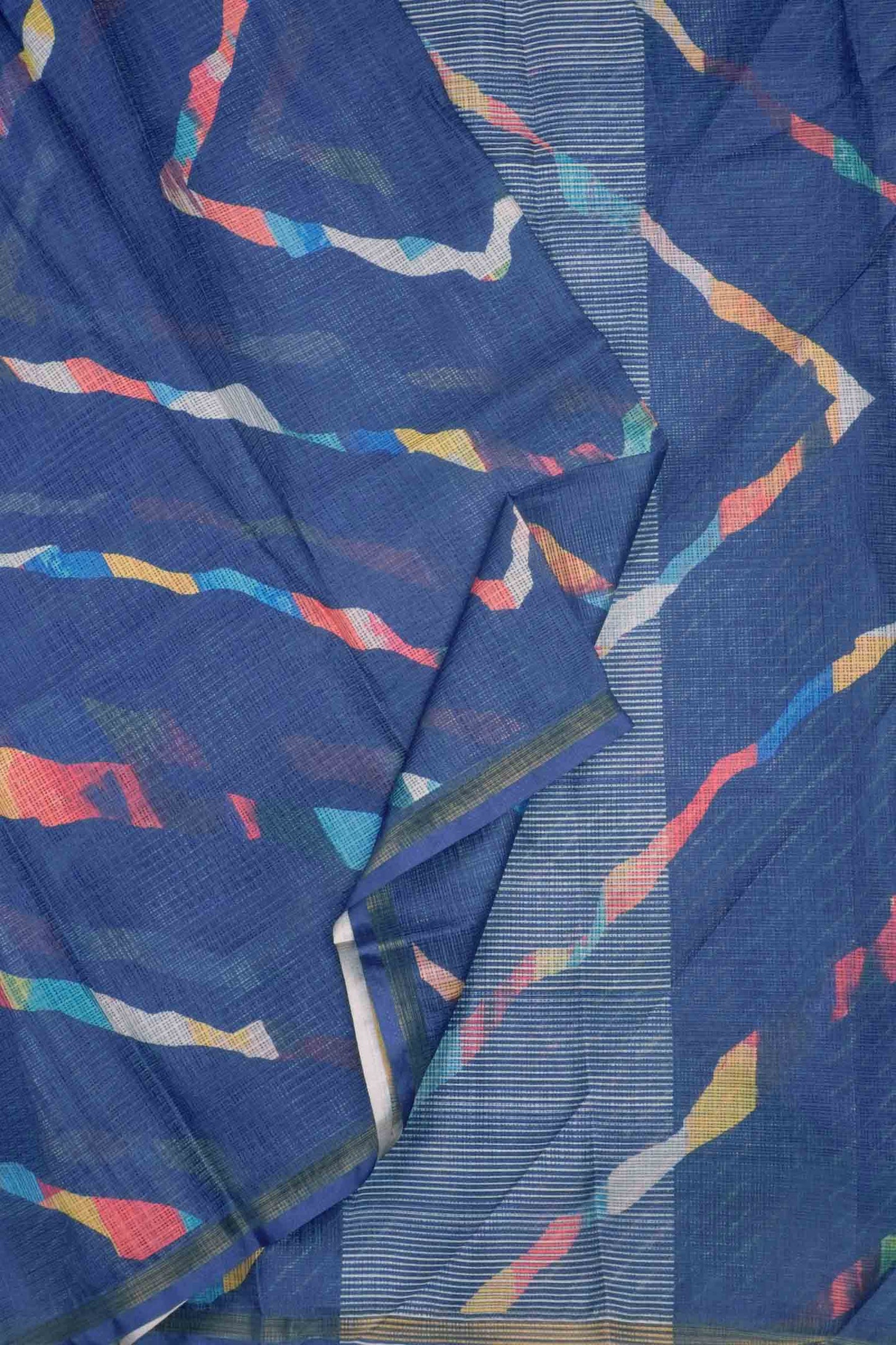 Blue Printed Cotton Leheriya Inspired ZigZag Self Checks Saree