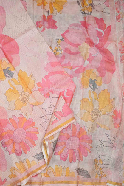 Golden Yellow Spring Florals Printed Cotton Self Checks Saree