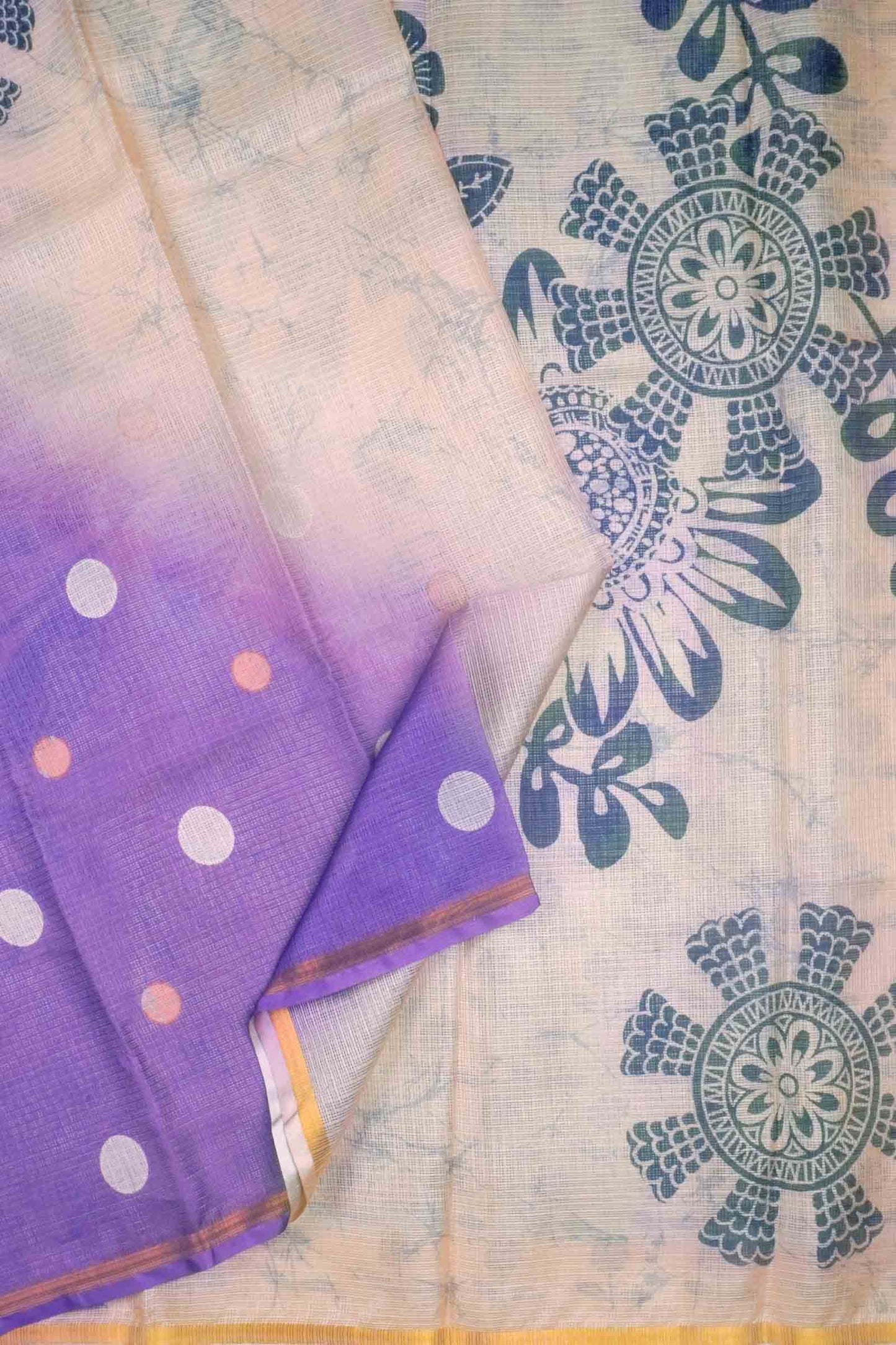 Violet Ivory Half And Half Printed Cotton Self Checks Zari Border Saree