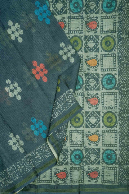 Blue Green Printed Cotton Polka Self Checks Zari Border Saree
