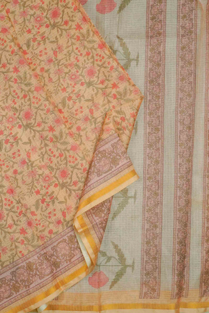 Pastel Yellow Summer Fresh Florals Printed Cotton Zari Border Self Checks Saree