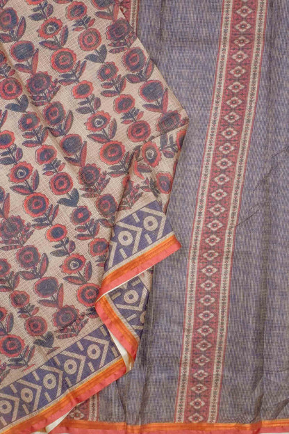 Mild Brown Jaipur Inspired Florals Printed Cotton Self Checks Saree