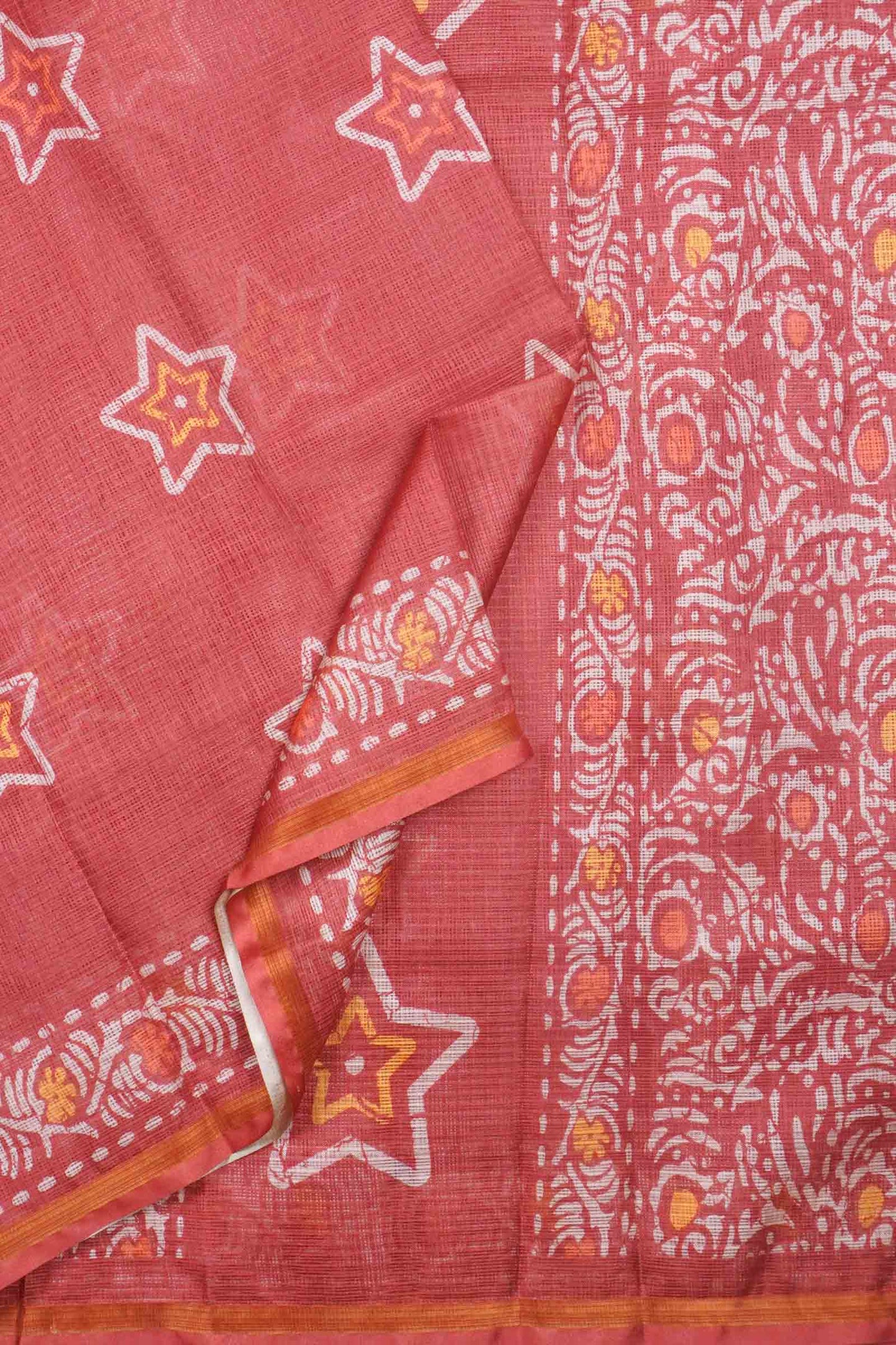 Mild Red Printed Cotton Star Prints Self Checks Saree