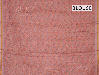 Pastel Peach Block Print Inspired Cotton Self Checks Zari Border Saree