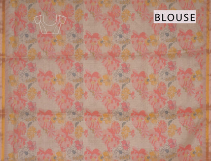 Golden Yellow Spring Florals Printed Cotton Self Checks Saree