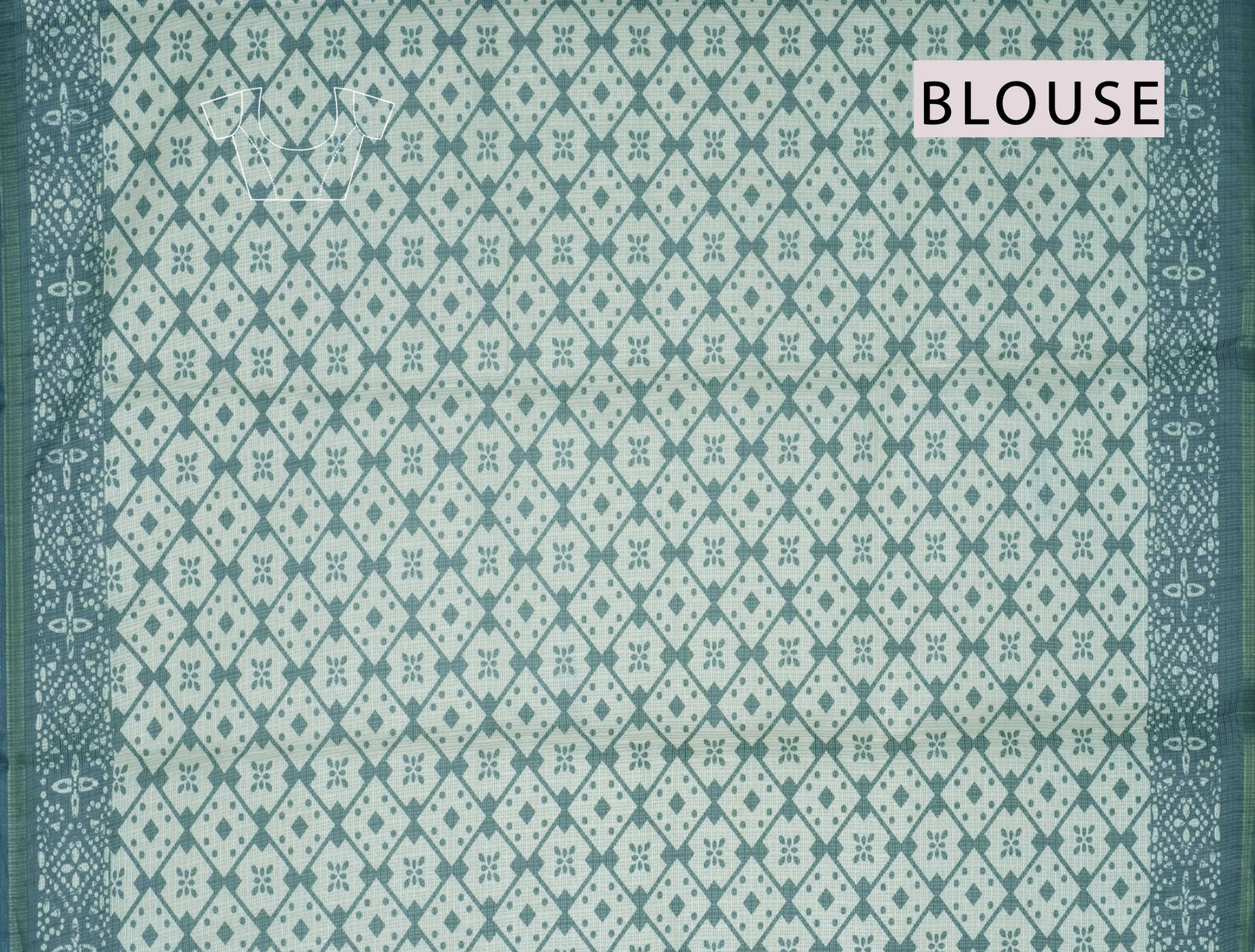 Blue Green Printed Cotton Polka Self Checks Zari Border Saree