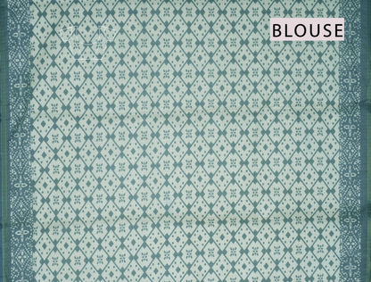 Blue Green Printed Cotton Polka Self Checks Zari Border Saree