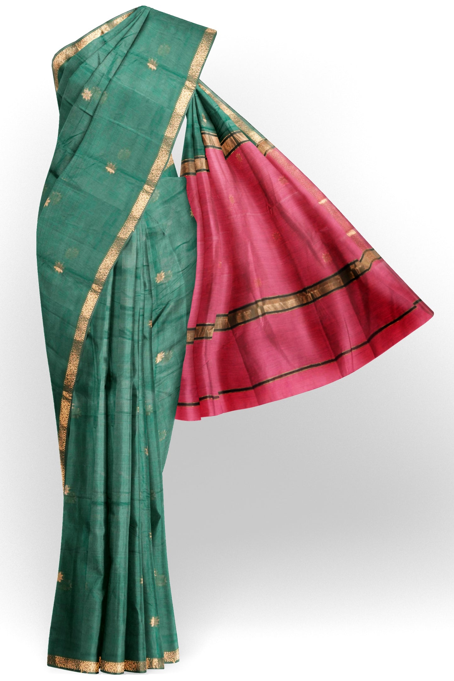 Dark Green Semi Maheswari Cotton Small Butta Contrast Pink Pallu Saree