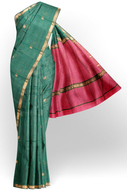 Dark Green Semi Maheswari Cotton Small Butta Contrast Pink Pallu Saree