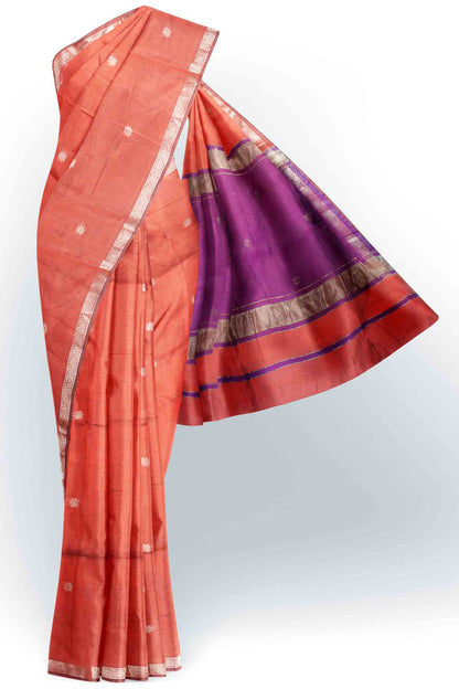 Orange Semi Maheswari Cotton Small Butta Contrast Purple Pallu Saree