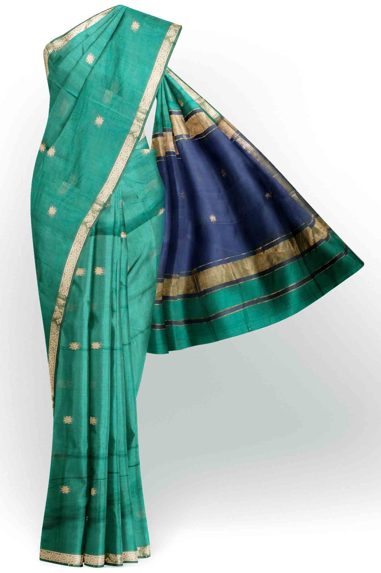 Emerald Green Semi Maheswari Cotton Small  Butta Contrast Blue Pallu Saree