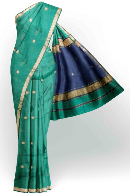Emerald Green Semi Maheswari Cotton Small  Butta Contrast Blue Pallu Saree