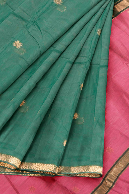 Dark Green Semi Maheswari Cotton Small Butta Contrast Pink Pallu Saree
