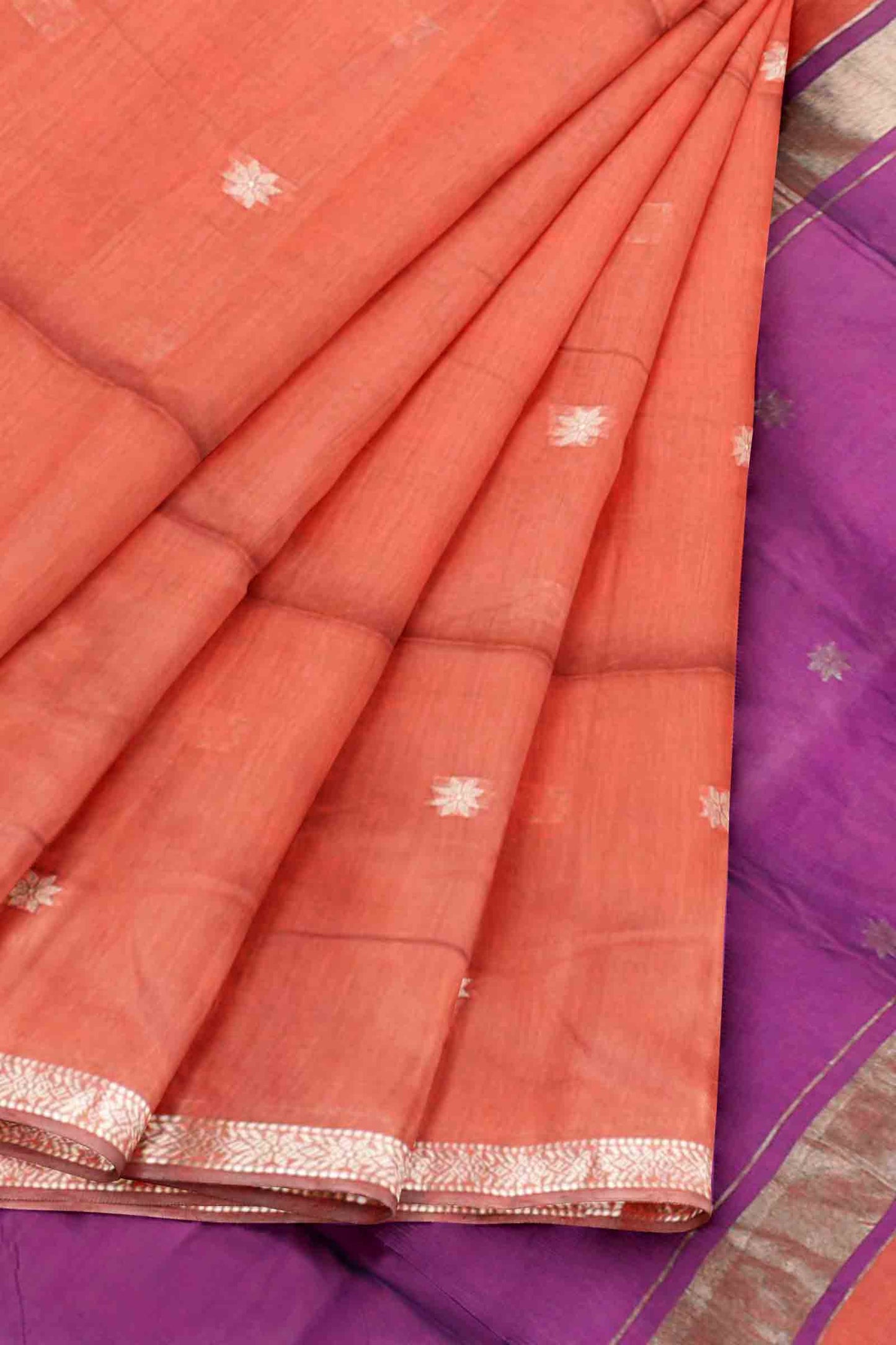Orange Semi Maheswari Cotton Small Butta Contrast Purple Pallu Saree