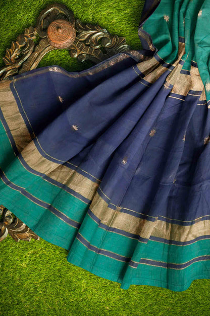 Emerald Green Semi Maheswari Cotton Small  Butta Contrast Blue Pallu Saree