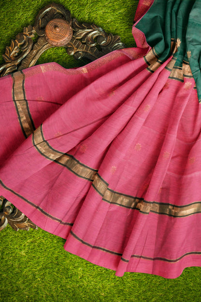 Dark Green Semi Maheswari Cotton Small Butta Contrast Pink Pallu Saree