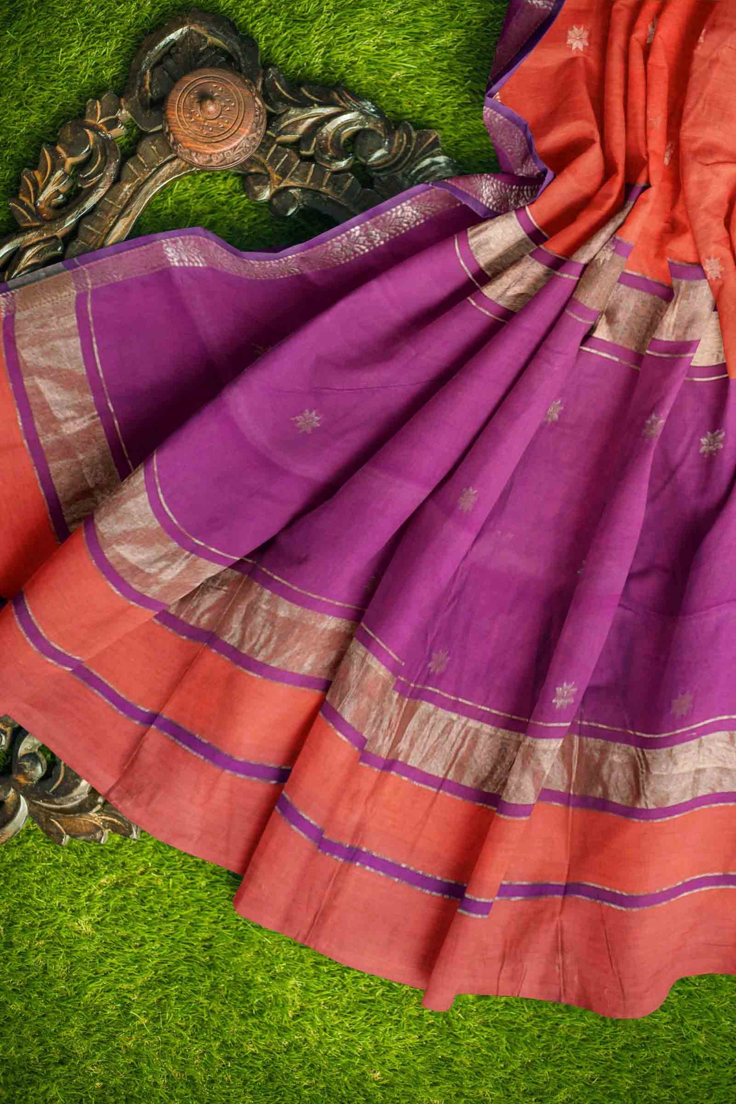 Orange Semi Maheswari Cotton Small Butta Contrast Purple Pallu Saree