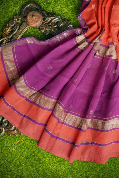 Orange Semi Maheswari Cotton Small Butta Contrast Purple Pallu Saree