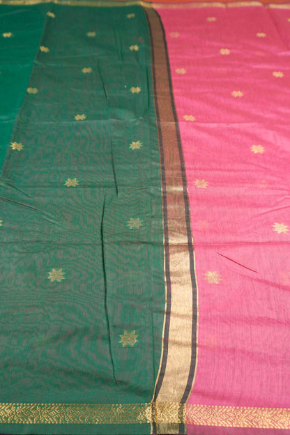 Dark Green Semi Maheswari Cotton Small Butta Contrast Pink Pallu Saree
