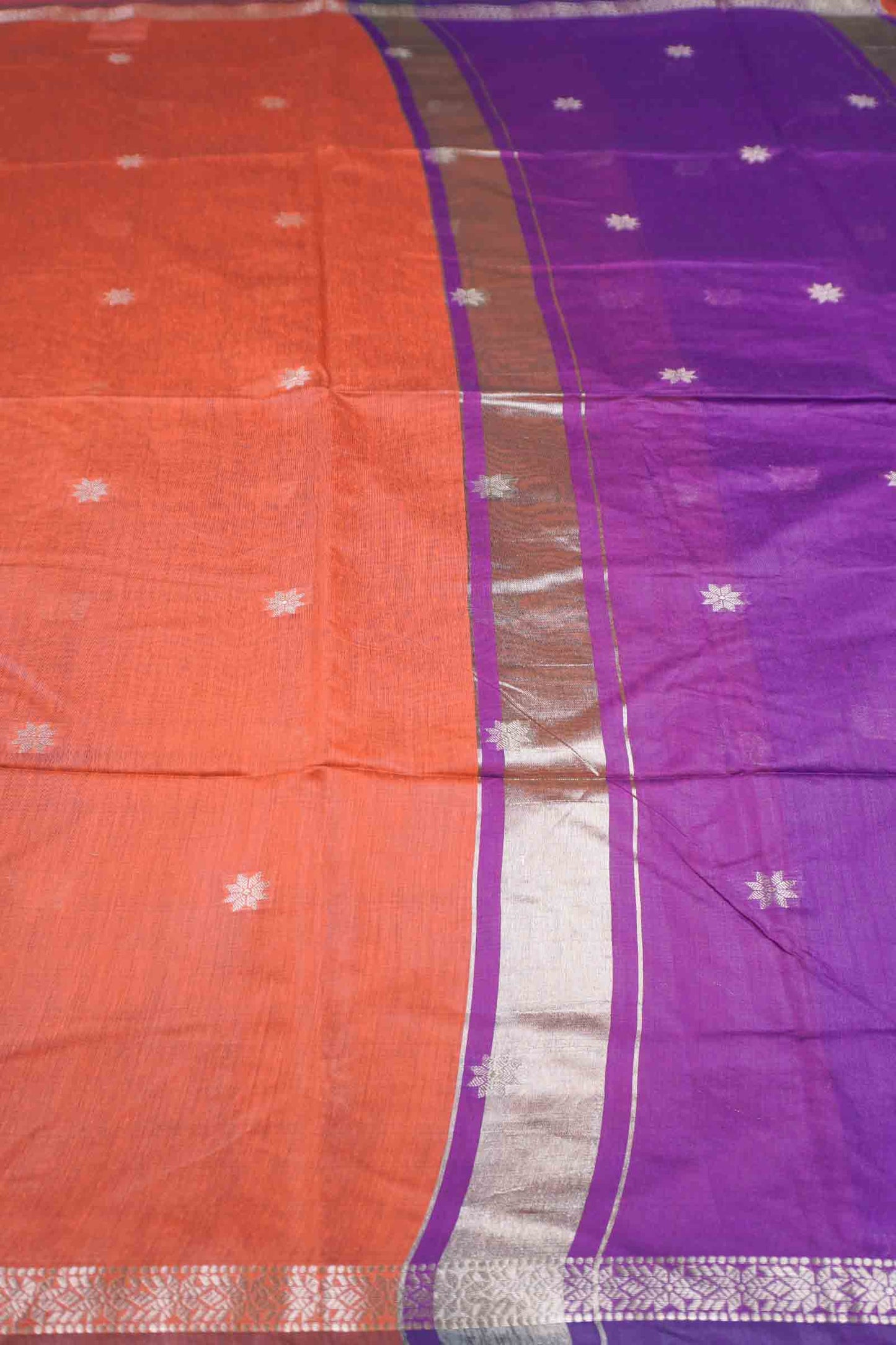 Orange Semi Maheswari Cotton Small Butta Contrast Purple Pallu Saree