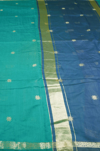 Emerald Green Semi Maheswari Cotton Small  Butta Contrast Blue Pallu Saree