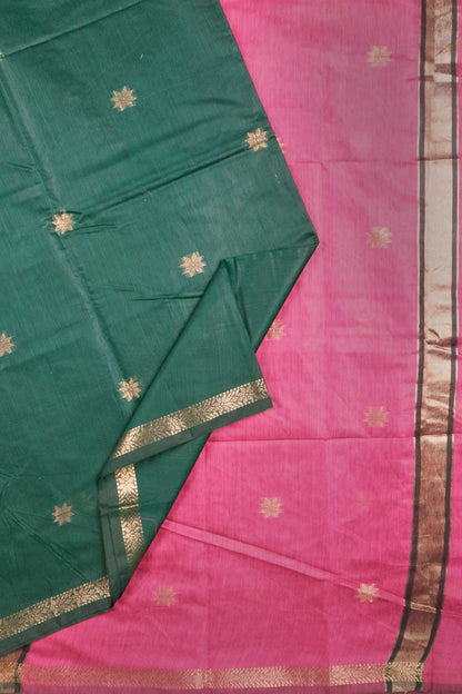 Dark Green Semi Maheswari Cotton Small Butta Contrast Pink Pallu Saree