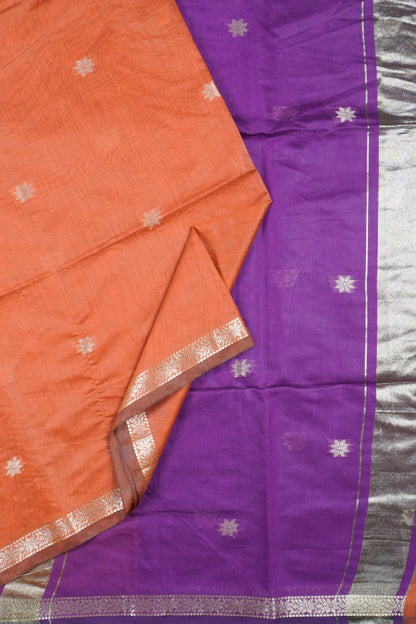 Orange Semi Maheswari Cotton Small Butta Contrast Purple Pallu Saree