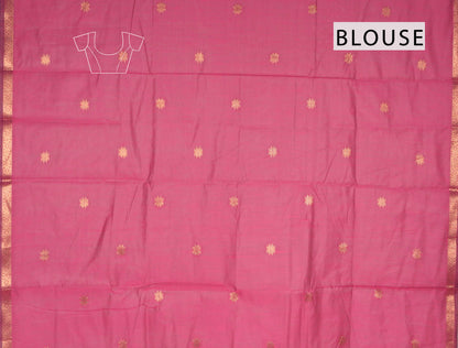 Dark Green Semi Maheswari Cotton Small Butta Contrast Pink Pallu Saree
