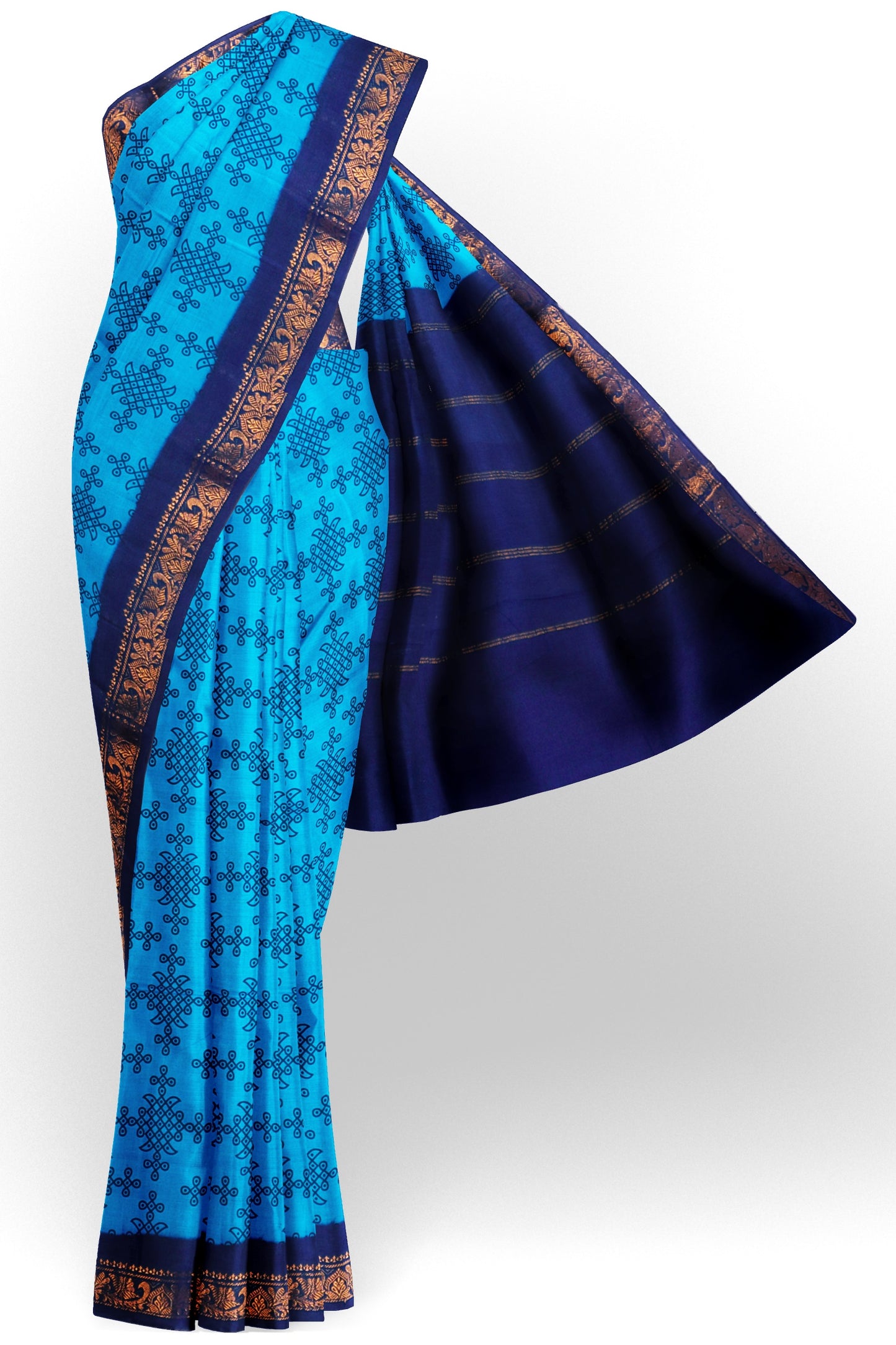 Dark Sky Blue Sungudi With Rangoli and Zari Border Saree