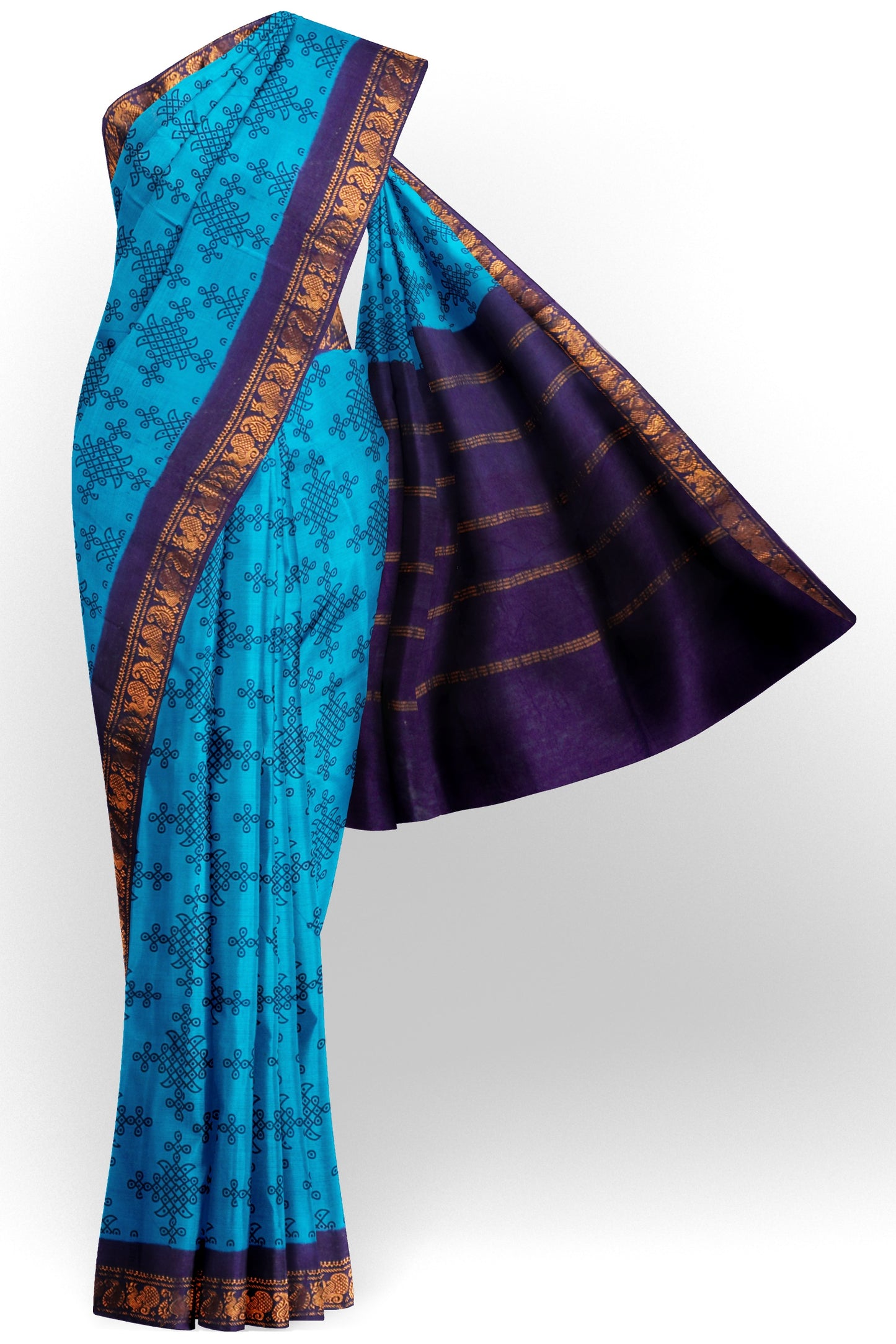Dark Sky Blue Sungudi With Rangoli and Zari Border Saree