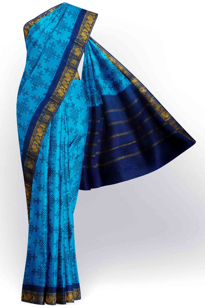 Dark Sky Blue Sungudi With Rangoli and Zari Border Saree