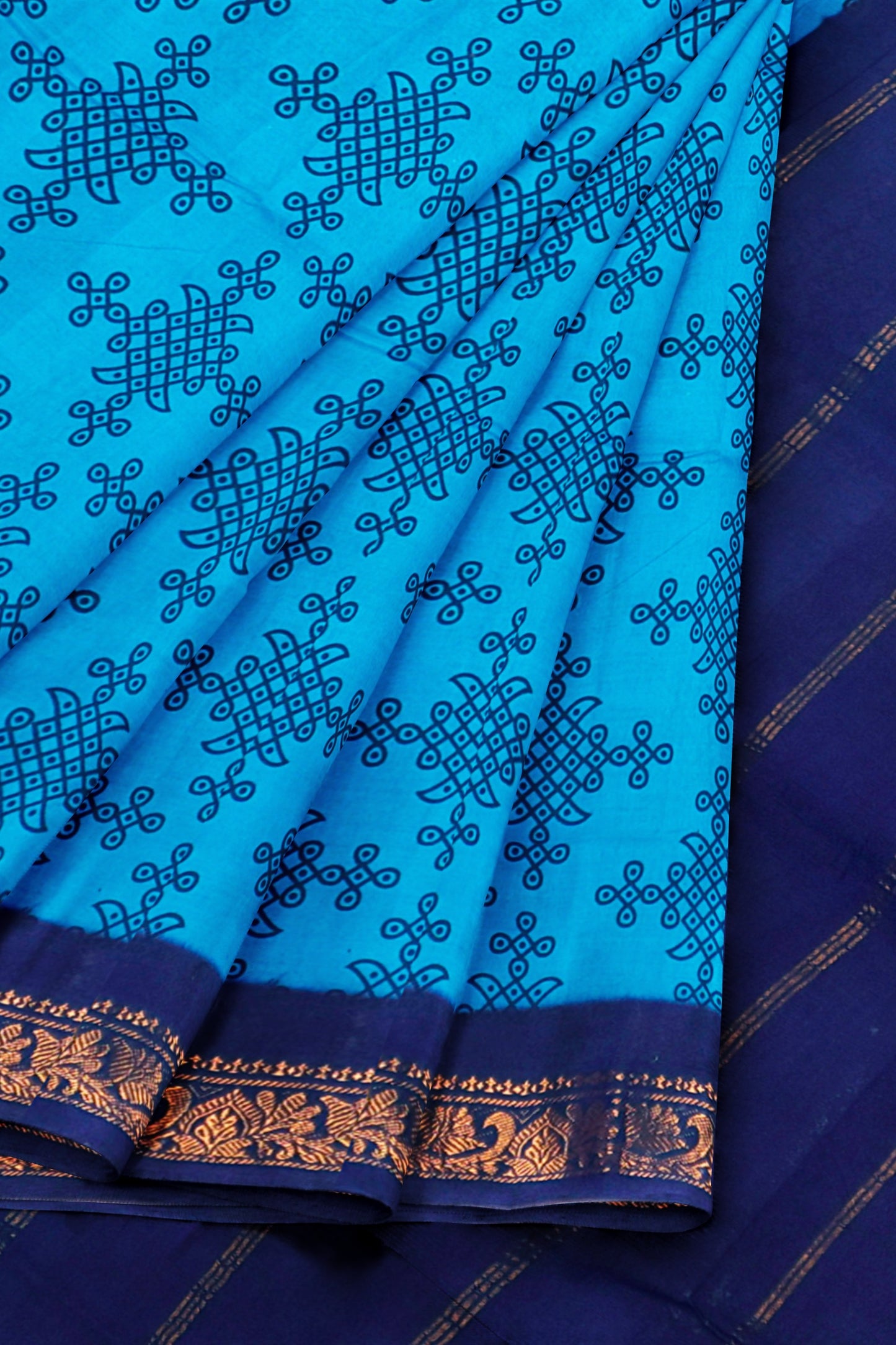 Dark Sky Blue Sungudi With Rangoli and Zari Border Saree