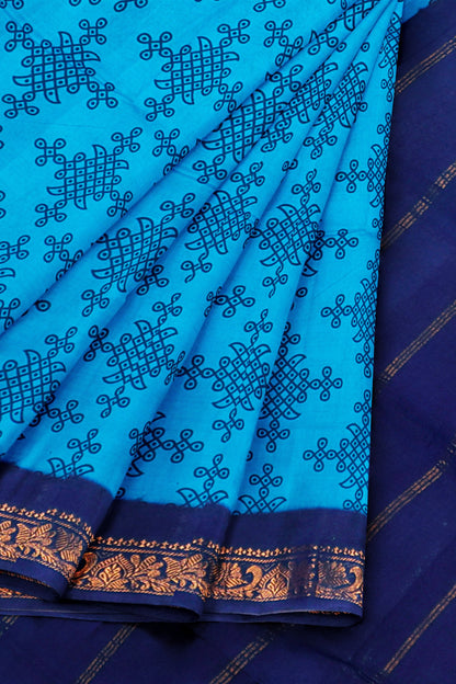 Dark Sky Blue Sungudi With Rangoli and Zari Border Saree