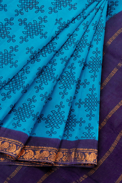Dark Sky Blue Sungudi With Rangoli and Zari Border Saree