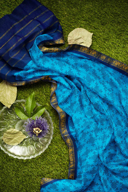 Dark Sky Blue Sungudi With Rangoli and Zari Border Saree