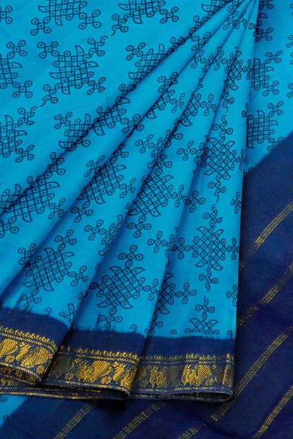 Dark Sky Blue Sungudi With Rangoli and Zari Border Saree