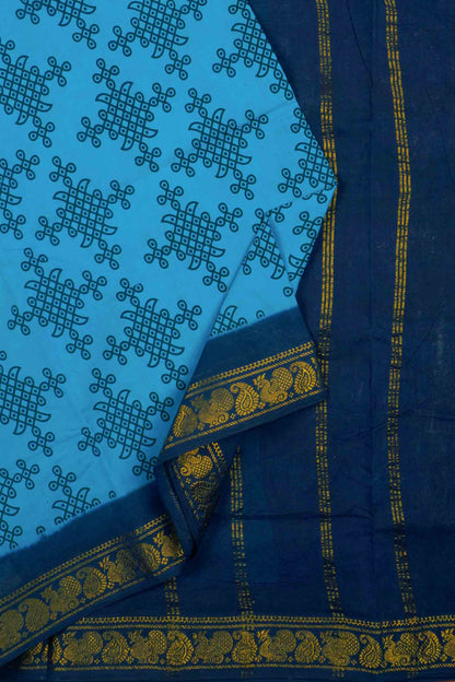 Dark Sky Blue Sungudi With Rangoli and Zari Border Saree