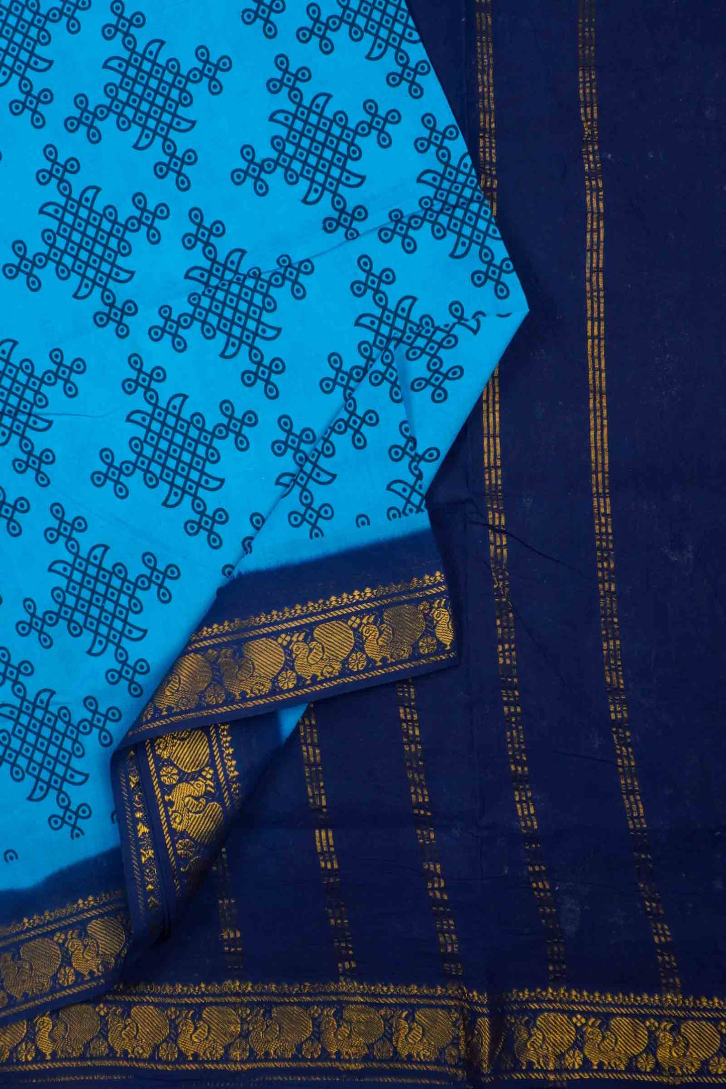 Dark Sky Blue Sungudi With Rangoli and Zari Border Saree