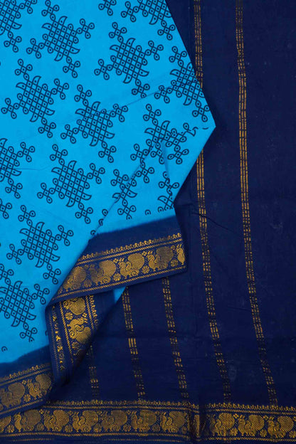 Dark Sky Blue Sungudi With Rangoli and Zari Border Saree