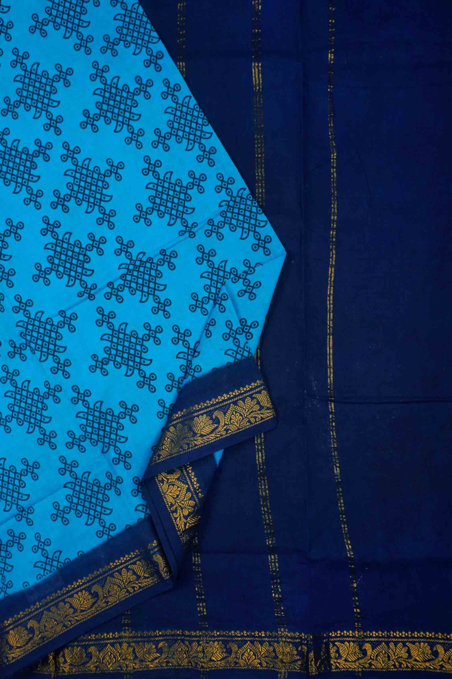 Dark Sky Blue Sungudi With Rangoli and Zari Border Saree