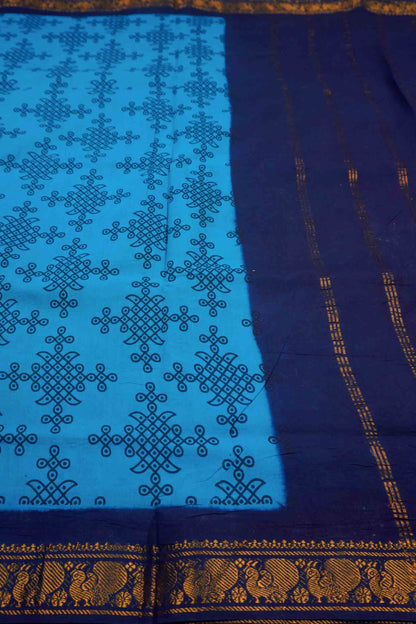 Dark Sky Blue Sungudi With Rangoli and Zari Border Saree