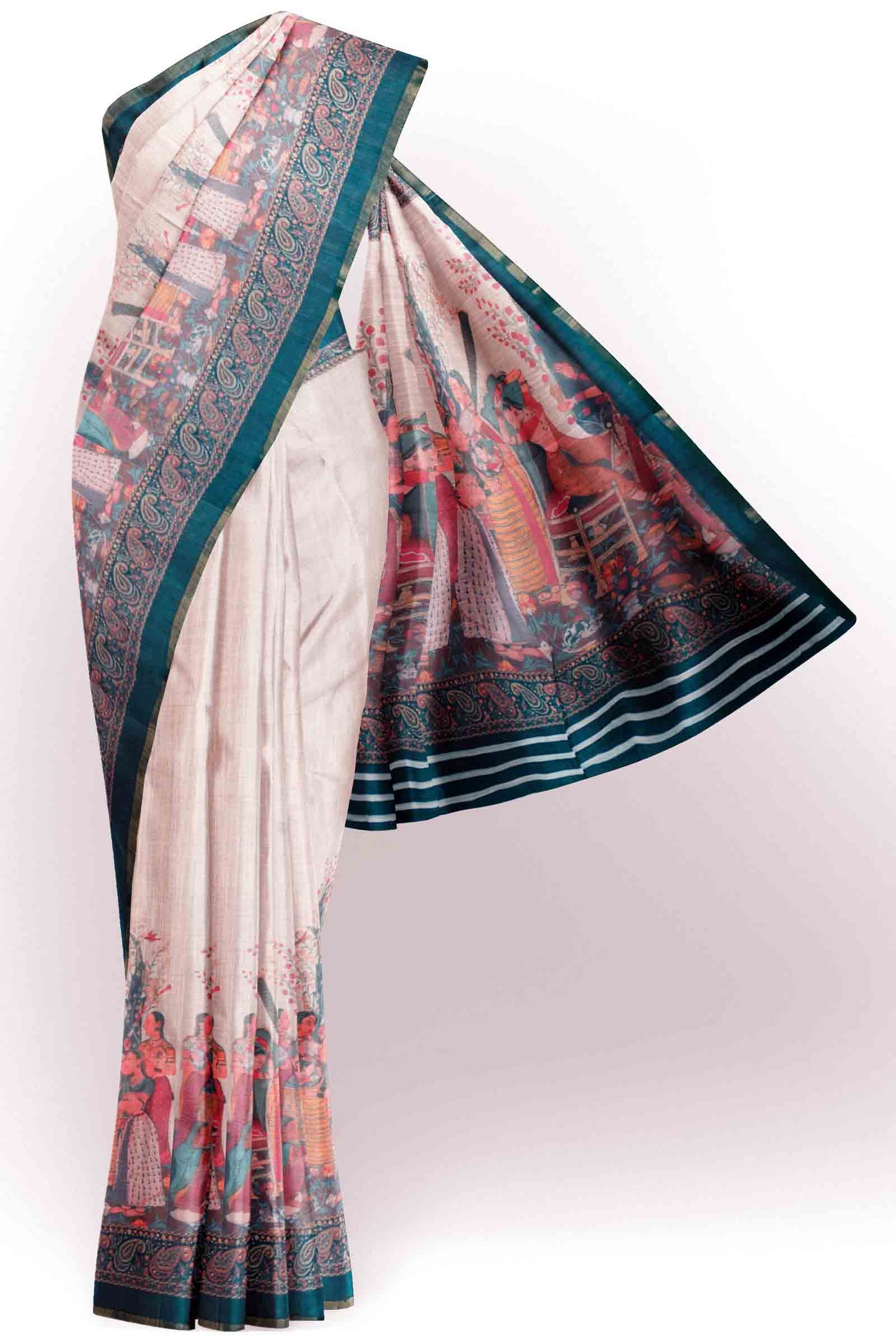Off White Semi linen Heritage Story Printed Zari Border Saree
