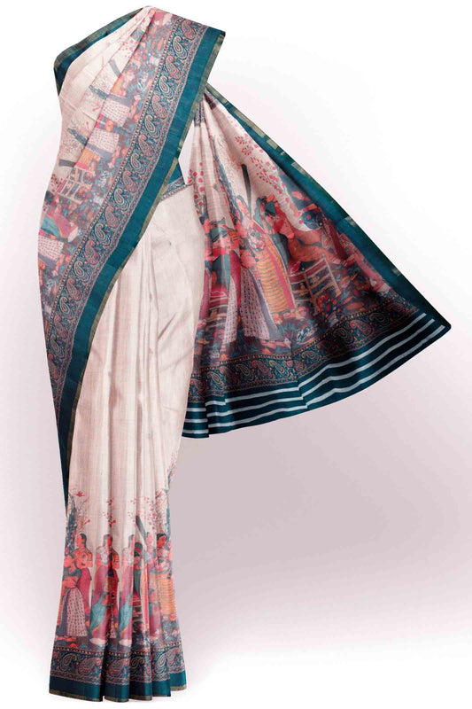 Off White Semi linen Heritage Story Printed Zari Border Saree