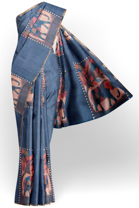 Grey Semi Linen Elephant Frames Zari Border Saree