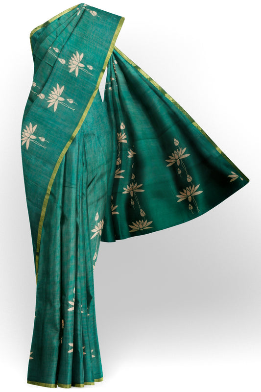 Green Semi Linen Regal Lotus Printed Zari Border Saree