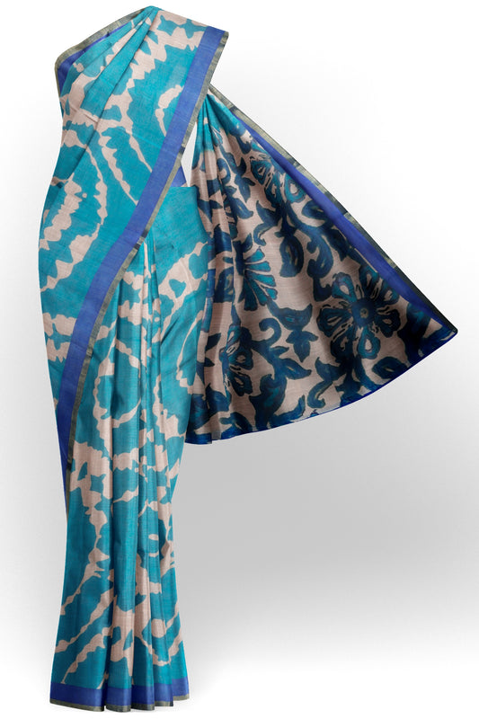 Sky Blue Semi Linen Artsy Rings Printed Zari Border Floral Pallu Saree